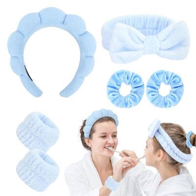 GAFATORY 6Pcs Blue Sponge Spa Headbands for Women Wristbands Hair Scrunchies Set Makeup Headband for Facewash Skincare Soft Mother Gift with Daughter Gift Set with Girl Friend