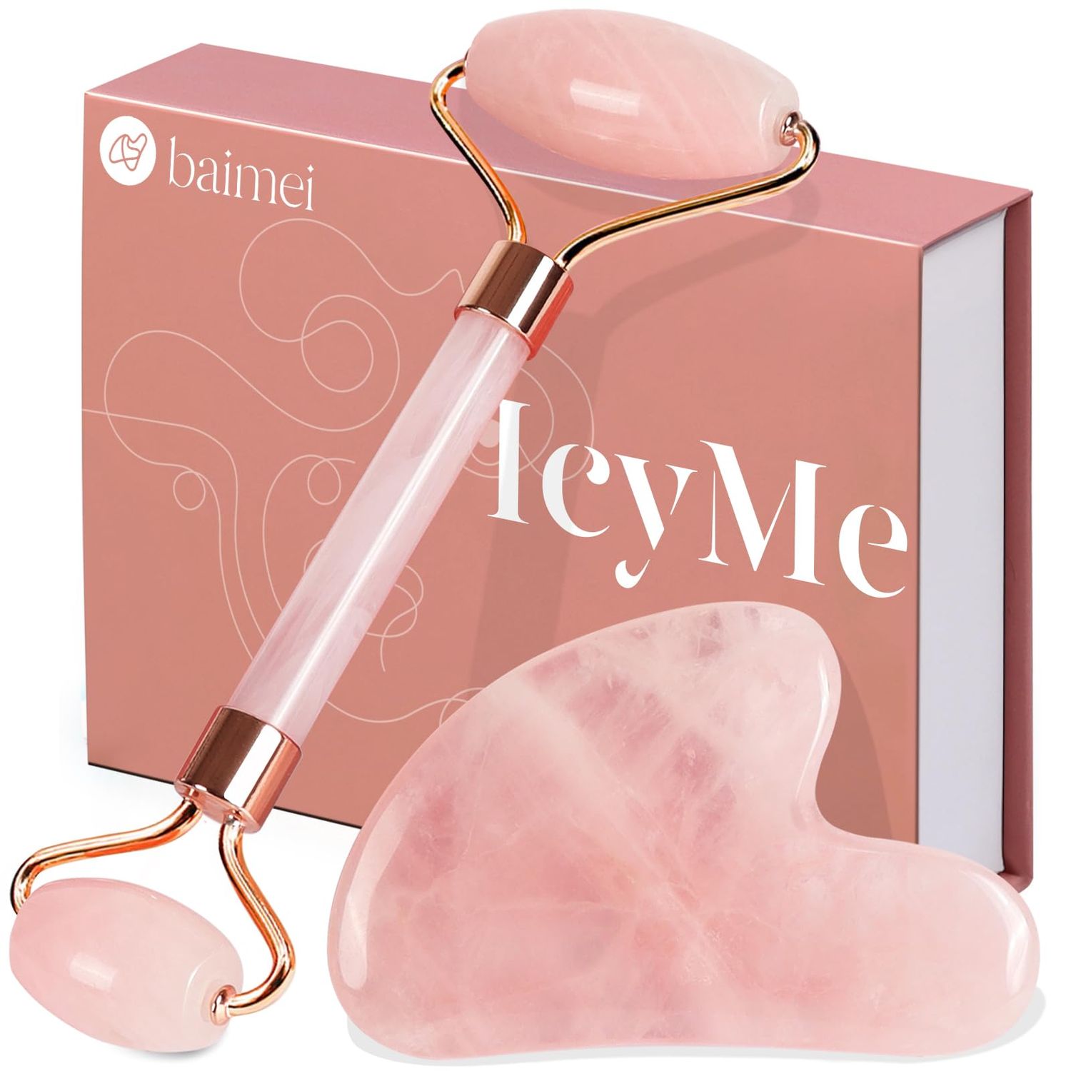 BAIMEI IcyMe Jade Roller &amp; Gua Sha, Face Roller Redness Reducing Skin Care Tools, Self Care Pink Gift for Men Women, Massager for Face, Eyes, Neck, Relieve Fine Lines and Wrinkles - Rose Quartz