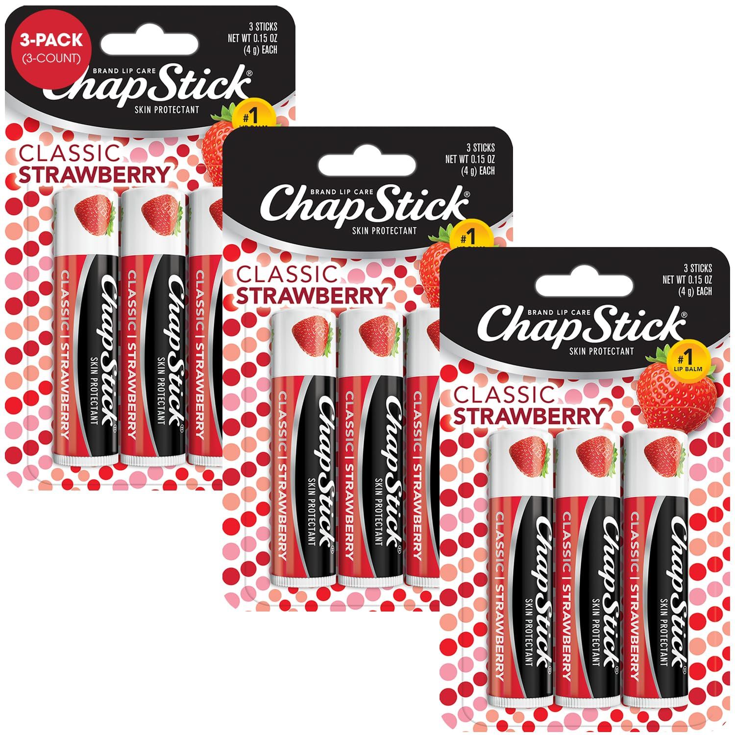 ChapStick Classic Strawberry Lip Balm, 9-Count - Tinted Lip Moisturizer, Juicy &amp; Sweet, 0.15 Oz Ea