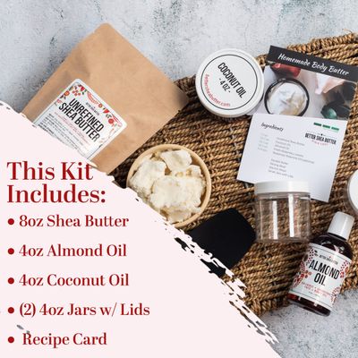 Better Shea Butter Body Butter Making Kit - DIY Kits for Adults (Raw Shea Butter, Almond Oil, Coconut Oil, 2 Jars) &amp; Recipe Card with Link to Video Tutorial - Natural Whipped Body Lotion Making Kit