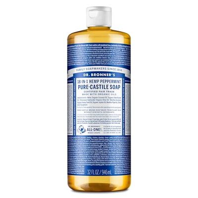 Dr. Bronner&#39;s Pure-Castile Liquid Soap- Made with Regenerative Organic Certified Oils- 18-in-1 Uses for Face, Body, Hand, Hair, Laundry &amp; More- Vegan, Non-GMO- All Natural Body Wash- Peppermint,32oz