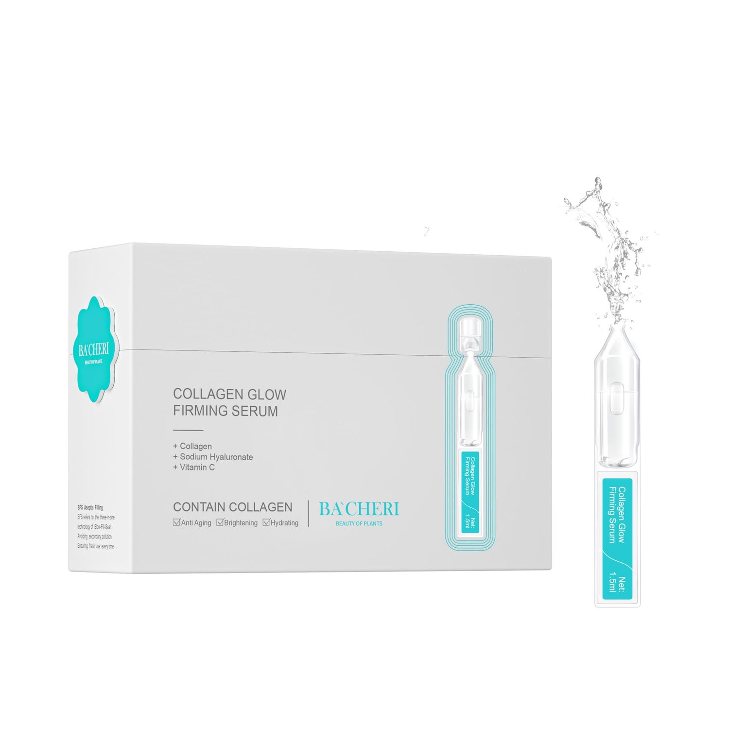 BACHERI Collagen Glow Firming Face Serum Ampoule with Soluble Collagen, for reducing dry &amp; fine lines, brightening &amp; Hydrating Facial Serum with Centella Asiatica Extract, 30 Pcs/Box