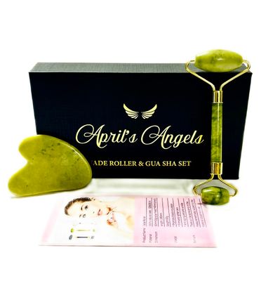 Genuine Jade stone Roller &amp; Gua Sha set. Facial Massage Set for Face, eyes &amp; Neck | Supports Lymphatic System + Facial Contouring + Tension Relief.