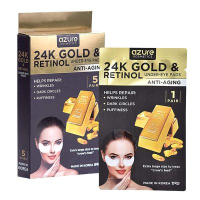 AZURE 24K Gold &amp; Retinol Anti Aging Under Eye Patches - Firming, Restoring &amp; Deeply Hydrating Eye Mask - Reduces Fine Lines, Wrinkles, Dark Circles &amp; Puffiness - Skin Care Made in Korea - 5 Pairs