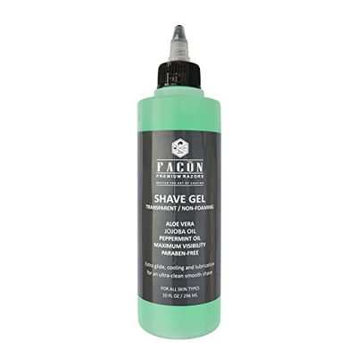Facn Transparent Non-Foaming Clear Shave Gel with Skin Soothing Aloe Vera, Cooling Menthol Peppermint Oil, Bourbon Luxury Scent - Extra Glide for an Ultra-Clean Smooth Shave (10 fl oz / 296 ml)