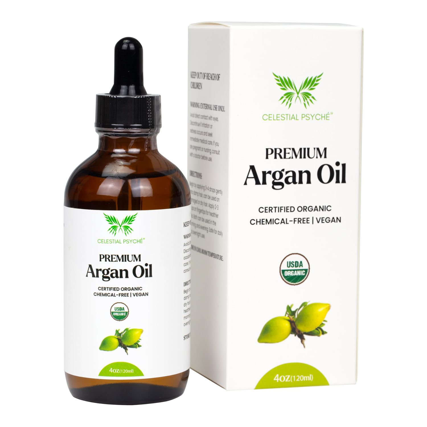 Celestial Psych USDA Certified Organic Argan Oil (4 Oz) 100% Pure Natural, Chemical-Free, Vegan, Hexane-Free, Healthy Hair Growth, Scalp Care, Skin Hydration, Natural Beauty Enhancement