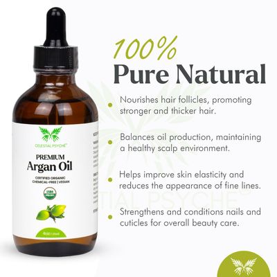 Celestial Psych USDA Certified Organic Argan Oil (4 Oz) 100% Pure Natural, Chemical-Free, Vegan, Hexane-Free, Healthy Hair Growth, Scalp Care, Skin Hydration, Natural Beauty Enhancement