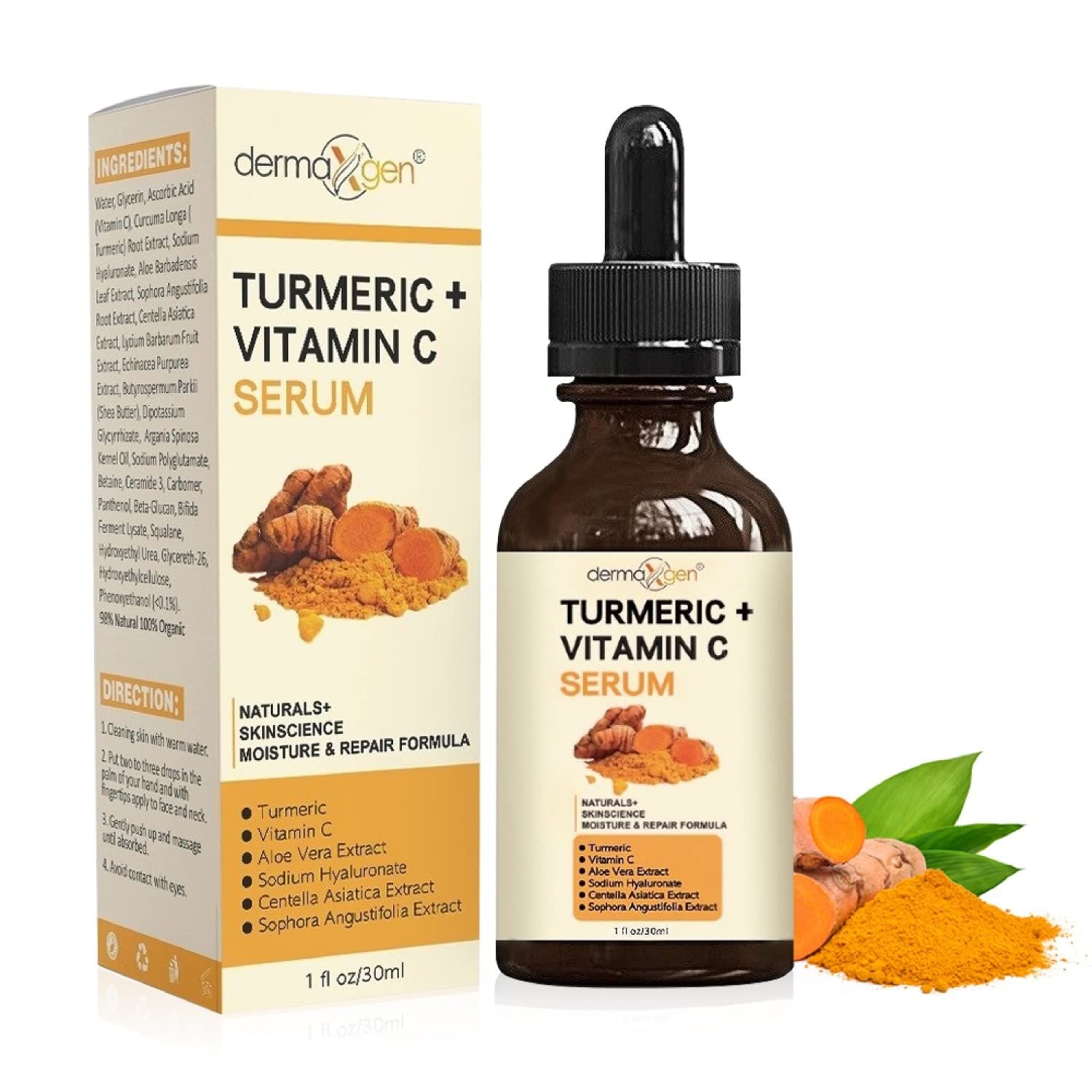 DERMAXGEN Turmeric Face Serum + Vitamin C: Organic Moisturizer for Acne Reduction, Clear Skin Tone, &amp; Anti-Aging Benefits - Hydrate Dull &amp; Dry Skin - Facial Serum - 1 FL OZ