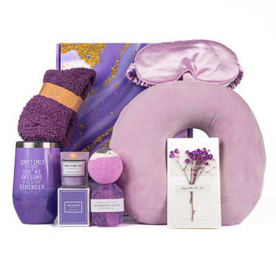 Amplus -Spa Baskets for Women Gift - Luxurious Lavender Gift Box - Ideal Gift Baskets for Women Birthday - Elegant Purple Self Care Basket for a Relaxing Experience