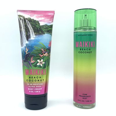 Bath and Body Works Waikiki Beach Coconut 2020 Edition 8oz Body Cream and 8oz Fine Fragrance Mist 2-Piece Bundle, Regular Sizes
