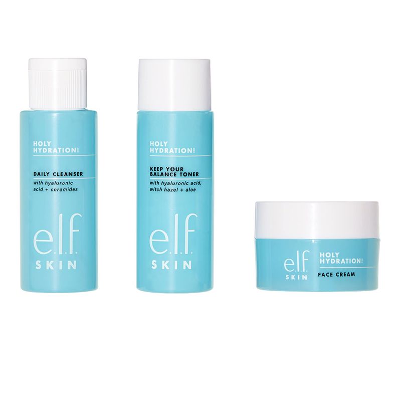 e.l.f. Skin Holy Hydration! The Essentials Mini Kit, Cleanser, Toner &amp; Moisturizer for Hydrated &amp; Balanced Skin, TSA-Friendly Sizes