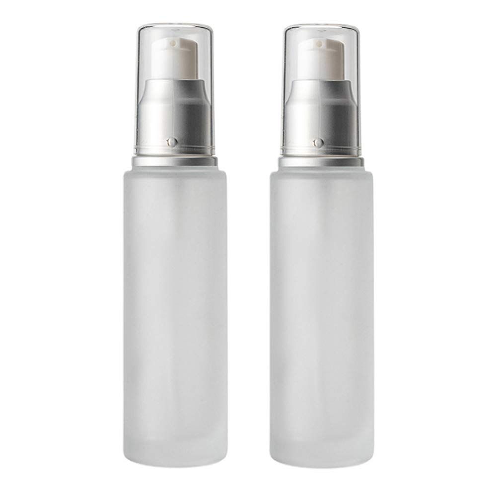 2PC Empty Glass Refillable Dispenser Pump Lotion Bottle White Frosted Bottle Dispenser Cosmetic Pump Lotion Bottle Containers For Skin Care Cream Liquid Essential Oil(100ML/3.4oz)