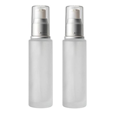 2PC Empty Glass Refillable Dispenser Pump Lotion Bottle White Frosted Bottle Dispenser Cosmetic Pump Lotion Bottle Containers For Skin Care Cream Liquid Essential Oil(100ML/3.4oz)