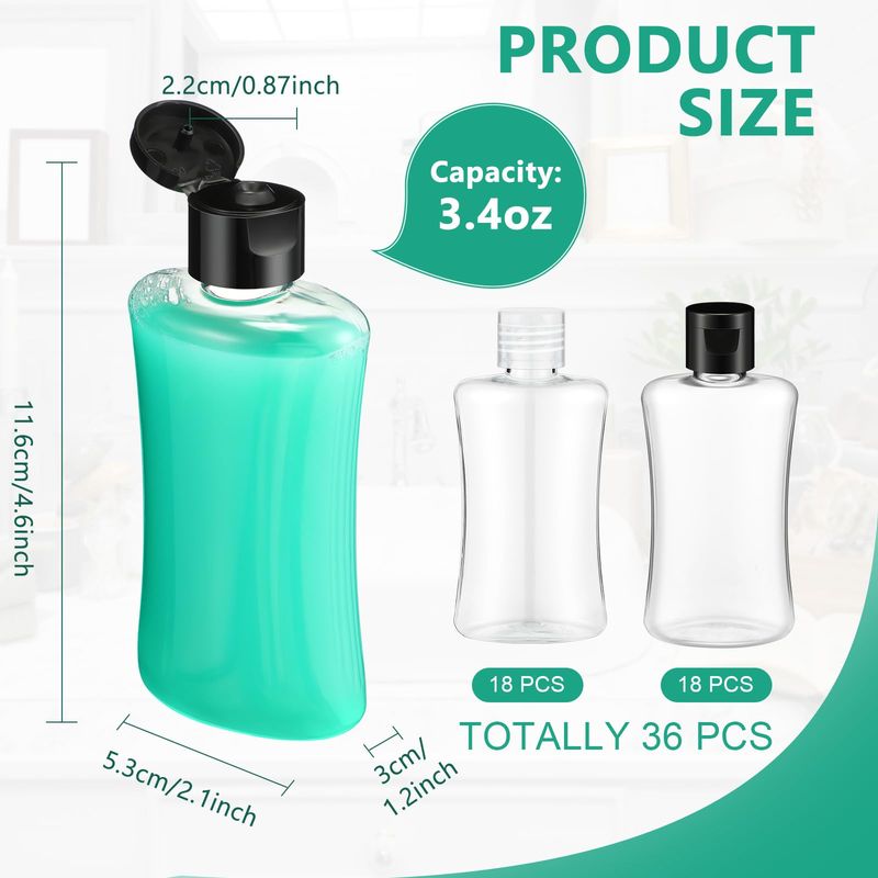 Domensi 36 Pcs 3.4 oz Travel Bottles with Flip Cap Clear Plastic Travel Size Containers Portable Leak Proof Squeeze Bottle Refillable Empty Cosmetic Containers for Liquid Shampoo Lotion (Black, Clear)