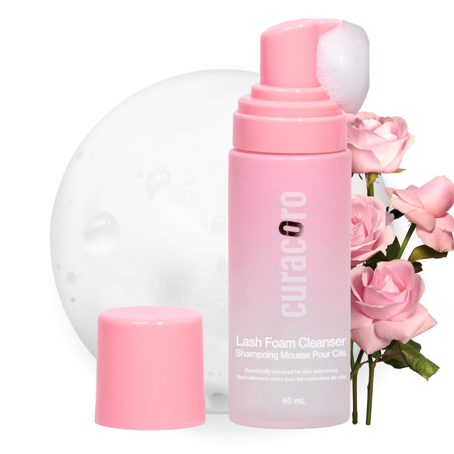 Curacoro 60ML Eyelash Extension Cleanser (Rose Scented) - Lash Shampoo for Lash Extensions, Eyelash Extension Foam Cleanser for Sensitive Skin, Removes Waterproof Makeup for Professional &amp; Home Use