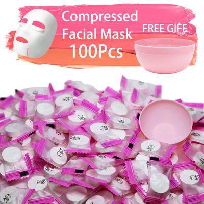 100 pcs Compressed Facial Mask Sheet Beauty DIY Disposable Mask Paper Natural Cotton Skin Care Wrapped Masks Normal ThickGet a Small Mask Bowl Free