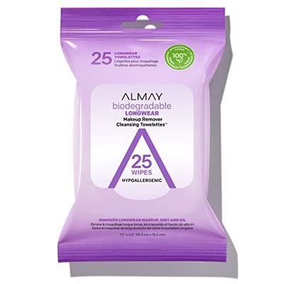 Almay Face Makeup Remover Wipes, Longwear &amp; Waterproof, Hypoallergenic, Fragrance Free, Dermatologist &amp; Ophthalmologist Tested, 25 Count (Pack of 1)