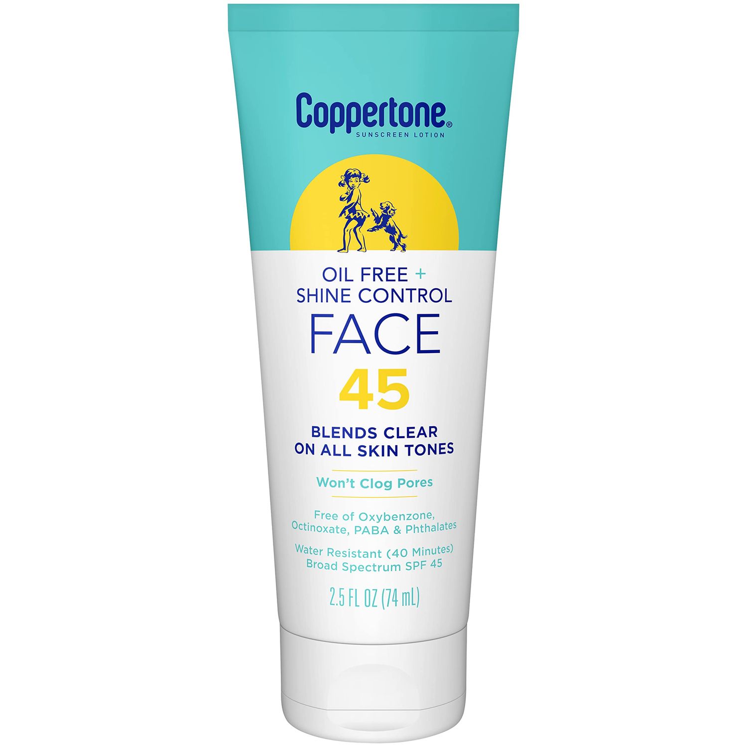 Coppertone Oil Free + Shine Control Sunscreen Face Lotion SPF 45, Lightweight Sunscreen for All Skin Tones, Won&#39;t Clog Pores, Fragrance Free, 2.5 Fl Oz Tube