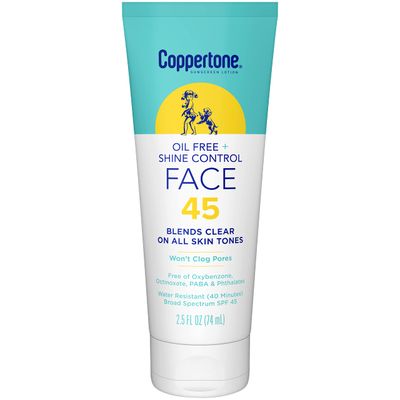 Coppertone Oil Free + Shine Control Sunscreen Face Lotion SPF 45, Lightweight Sunscreen for All Skin Tones, Won&#39;t Clog Pores, Fragrance Free, 2.5 Fl Oz Tube