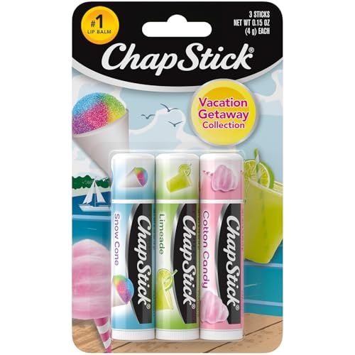 ChapStick Lip Care Set, Vacation Getaway Collection 3-Pack - Snow Cone, Limeade, Cotton Candy Lip Balm, 0.15 Oz Ea