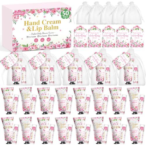 50 Pack Bulk Hand Cream and Lip Balm Gifts Sets, Baby Shower Favors and Bridal Shower Favors for Guests with Thank You Card and Organza Gift Bags, Stocking Stuffers, Wedding Party Favors (Baby Girls)
