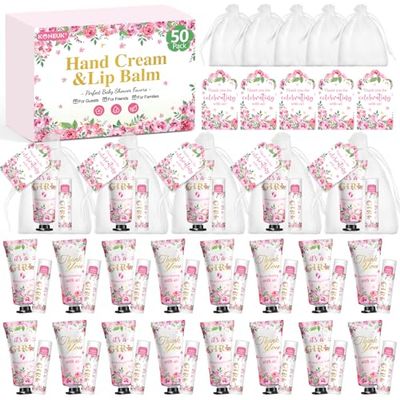 50 Pack Bulk Hand Cream and Lip Balm Gifts Sets, Baby Shower Favors and Bridal Shower Favors for Guests with Thank You Card and Organza Gift Bags, Stocking Stuffers, Wedding Party Favors (Baby Girls)