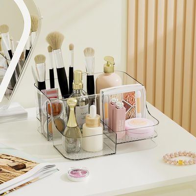 APLOP Clear Makeup Organizer Countertop - 6 Compartments Cosmetic, Jewelry, Skincare &amp; Perfume Organizer, Vanity and Bathroom Counter Organizer, Multi-Use Makeup Brush Holder