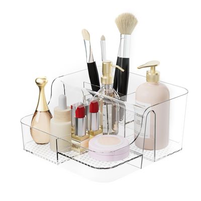 APLOP Clear Makeup Organizer Countertop - 6 Compartments Cosmetic, Jewelry, Skincare &amp; Perfume Organizer, Vanity and Bathroom Counter Organizer, Multi-Use Makeup Brush Holder