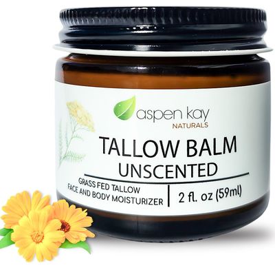 Aspen Kay Naturals Handmade Beef Tallow Moisturizer Cream (Unscented) | 100% Grass Fed Beef Tallow for Skin | Tallow Balm with Natural &amp; Organic, Herb-Infused Ingredients | Made in USA | 2 fl oz