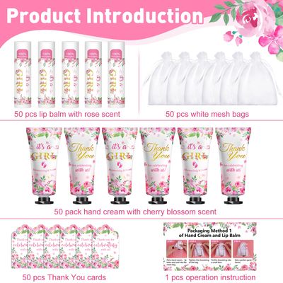 50 Pack Bulk Hand Cream and Lip Balm Gifts Sets, Baby Shower Favors and Bridal Shower Favors for Guests with Thank You Card and Organza Gift Bags, Stocking Stuffers, Wedding Party Favors (Baby Girls)