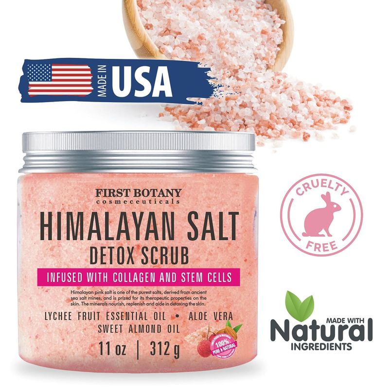 First Botany Body Scrub - Natural Exfoliating Salt Scrub &amp; Body and Face Souffle helps with Moisturizing Skin, Acne, Cellulite, Dead Skin Scars, Wrinkles (10 fl oz, Himalayan Salt)