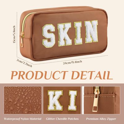 Cunno 4 Pcs Preppy Makeup Bag Chenille Letter Stuff Bag Nylon Cosmetic Bag Makeup Bag Toiletry Cosmetic Case with Zipper Makeup Pouch Christmas Gift for Women Travel(Brown Set,Vivid)