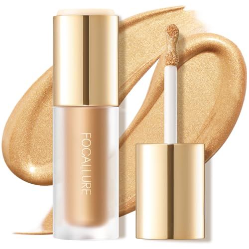 FOCALLURE Shimmer Liquid Highlighter, Smooth Cream Formula and Non-greasy Finish,Delivers a Natural Glow, Long Lasting Illuminator Highlighter Face Enhancing Makeup,Golden Wind