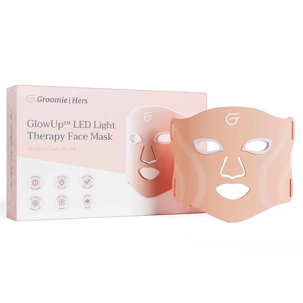 Groomie GlowUp LED Light Therapy Face Mask - Red Light, Amber, Blue, Purple &amp; Infrared - 6 Treatment Modes to Diminish Wrinkles, Boost Collagen, Reduce Sun Damage &amp; Fight Acne -At Home Skin Care
