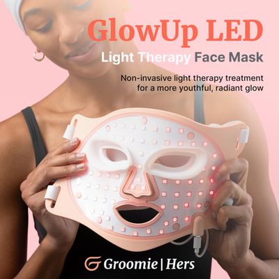Groomie GlowUp LED Light Therapy Face Mask - Red Light, Amber, Blue, Purple &amp; Infrared - 6 Treatment Modes to Diminish Wrinkles, Boost Collagen, Reduce Sun Damage &amp; Fight Acne -At Home Skin Care