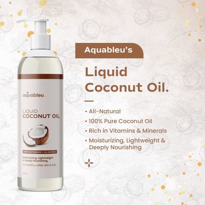 Aquableu Fractionated Liquid Coconut Oil - 100% Pure and All-Natural - Moisturizing, Lightweight and Deeply Nourishing - Promotes Healthy, Softer Skin &amp; Hair - Hydrating - 12 oz