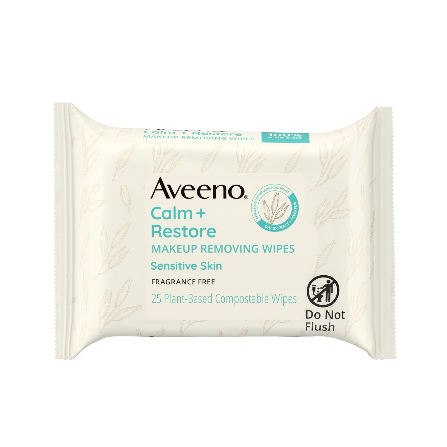 Aveeno Calm + Restore Nourishing Makeup Remover Face Wipes, Fragrance Free Facial Cleansing Towelettes with Oat Extract &amp; Calming Feverfew, Alcohol Free, 100% Plant-Based Cloth, 25 ct