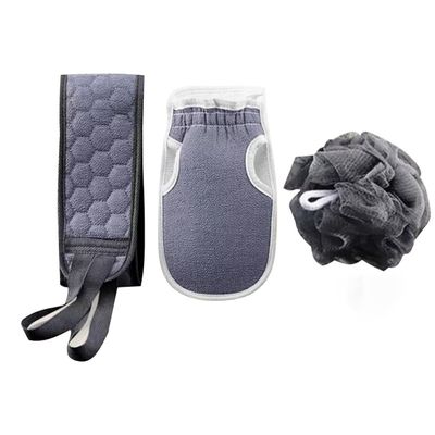 FLYSONG Bath Loofah Sponge Body Scrubber,Shower Glove Brush for Skin,Back Scrubber for Shower 3 PCS Skin Exfoliating Practical Bathroom Set (Grey)