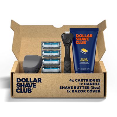 Dollar Shave Club | The Member Exclusive Shave Set | 4 Extra Close Refill Cartridges, 1 Handle (Black), 1 Shave Butter 3 ounce, 1 Razor Cover