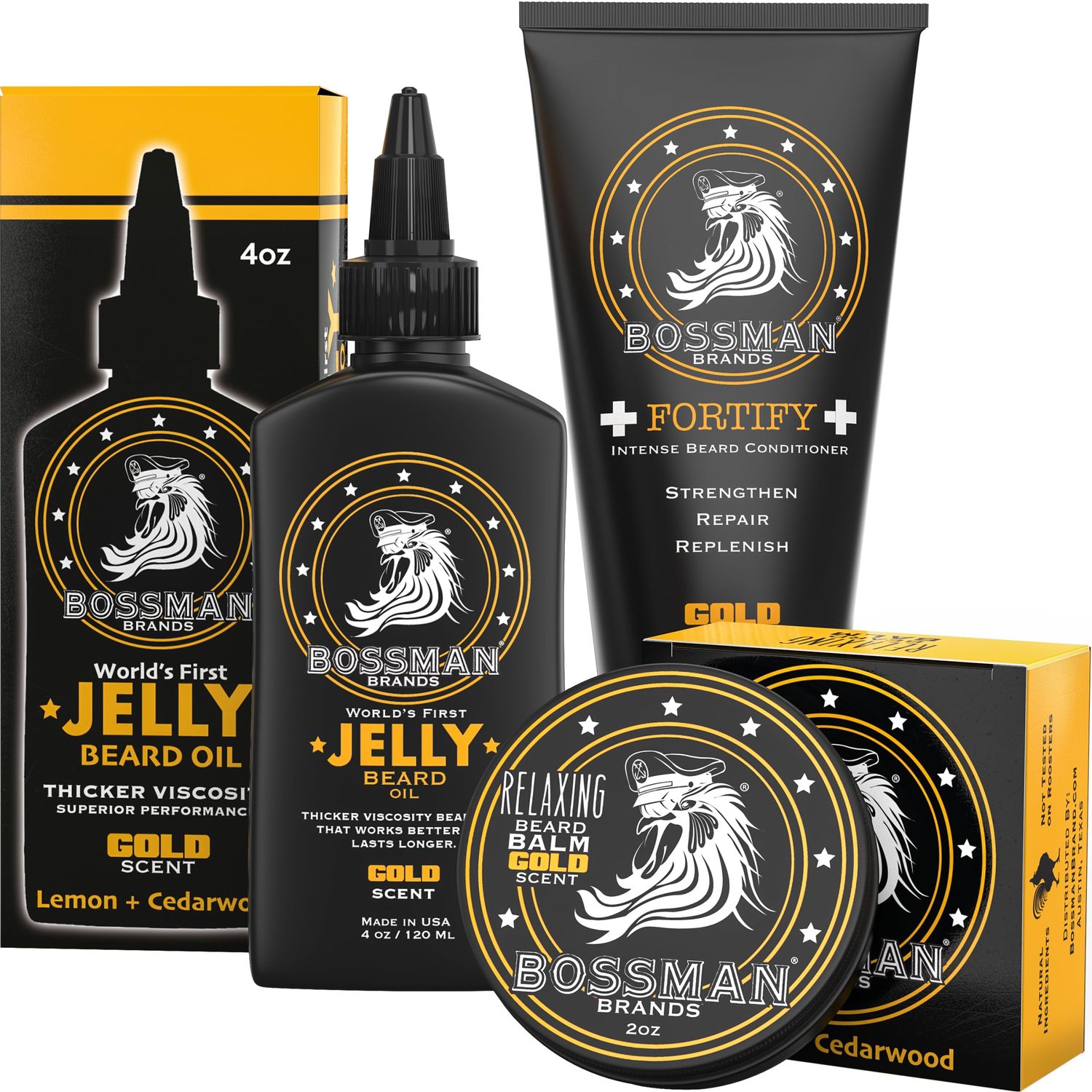 Bossman Essentials Beard Kit for Men - Beard Oil Jelly, Fortifying Conditioner Cream, Beard Balm - Grooming Growth Care Accessories (Gold)