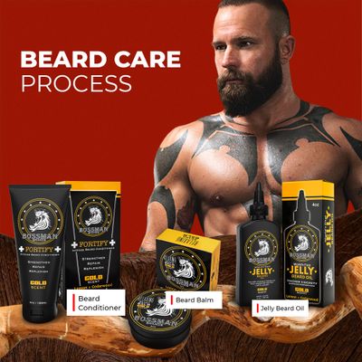 Bossman Essentials Beard Kit for Men - Beard Oil Jelly, Fortifying Conditioner Cream, Beard Balm - Grooming Growth Care Accessories (Gold)