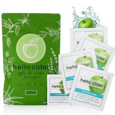 Apple Cider Vinegar Acne Face Wipes-Organic TeaTree, Rose, Chamomile, Witch Hazel.Oil free. Reduce Blemish &amp; Acne. Tone,Restore, Sooth, Balance pH. Dry, Normal, Sensitive Skin. 25ct. USA Hello Cider