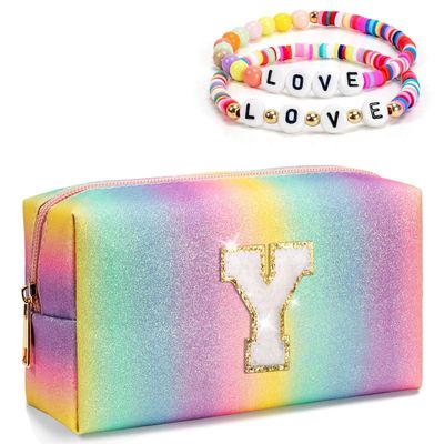 Freesya Birthday Gifts Idea, Preppy Girly Bag for Kids, Initial Makeup Bag with Zipper, Toiletry Skincare Pouch for Travel, Personalized Gift for Girlfriend, Friends, Cute Trendy Stuff (Medium)