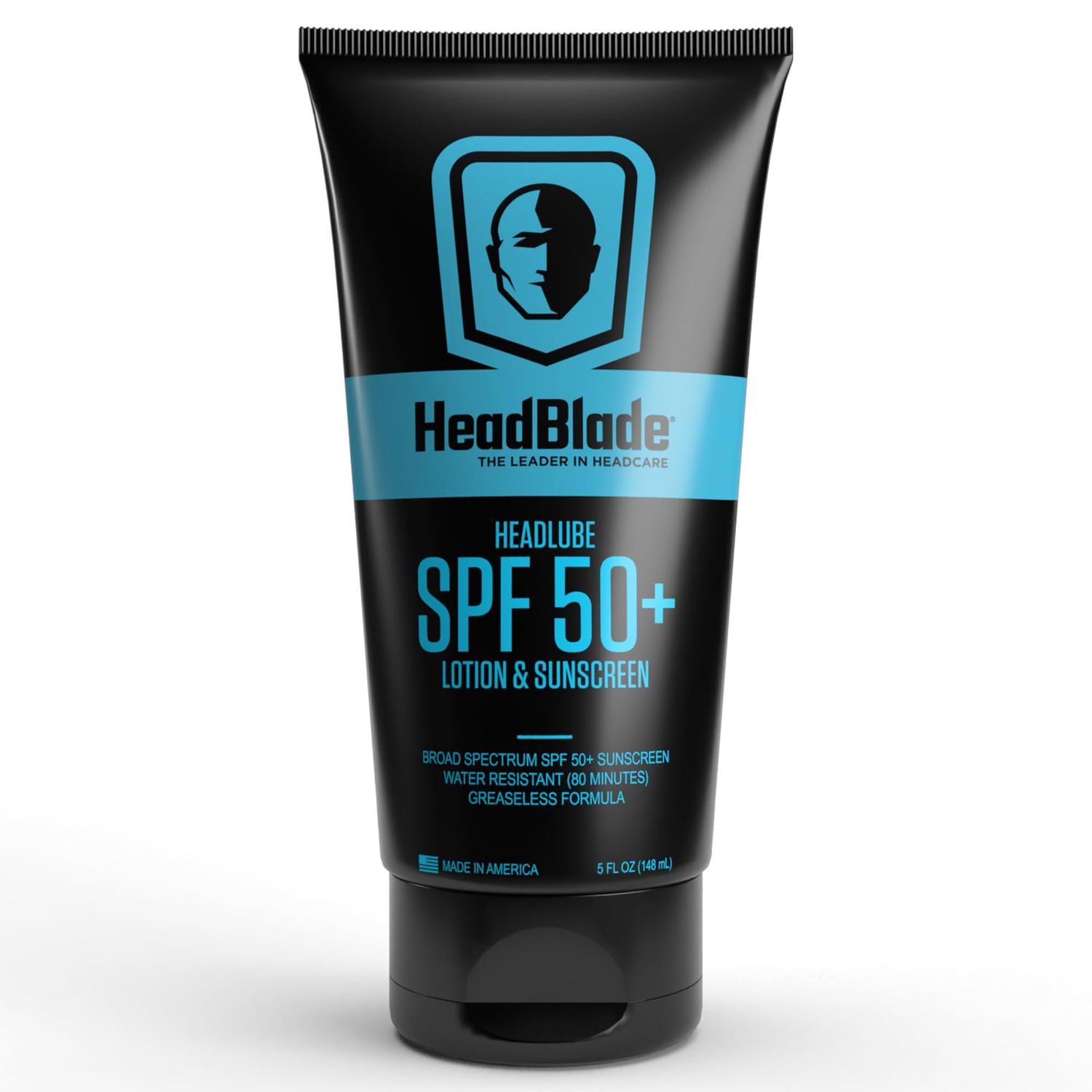 HeadBlade HeadLube SPF 50 Men&#39;s Lotion and Sunscreen - No Greasiness, Sweat Resistant, Formulated for Face, Body &amp; Scalps - Water Resistant for 80 Minutes, 5 fl oz
