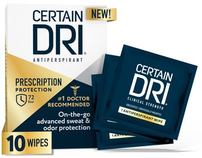 Certain Dri Antiperspirant Wipes for Excessive Sweating and Hyperhidrosis, Clinical Strength Protection Against Odor and Perspiration Lasting 72 Hours, Travel Friendly, Dermatologist Recommended, 10ct