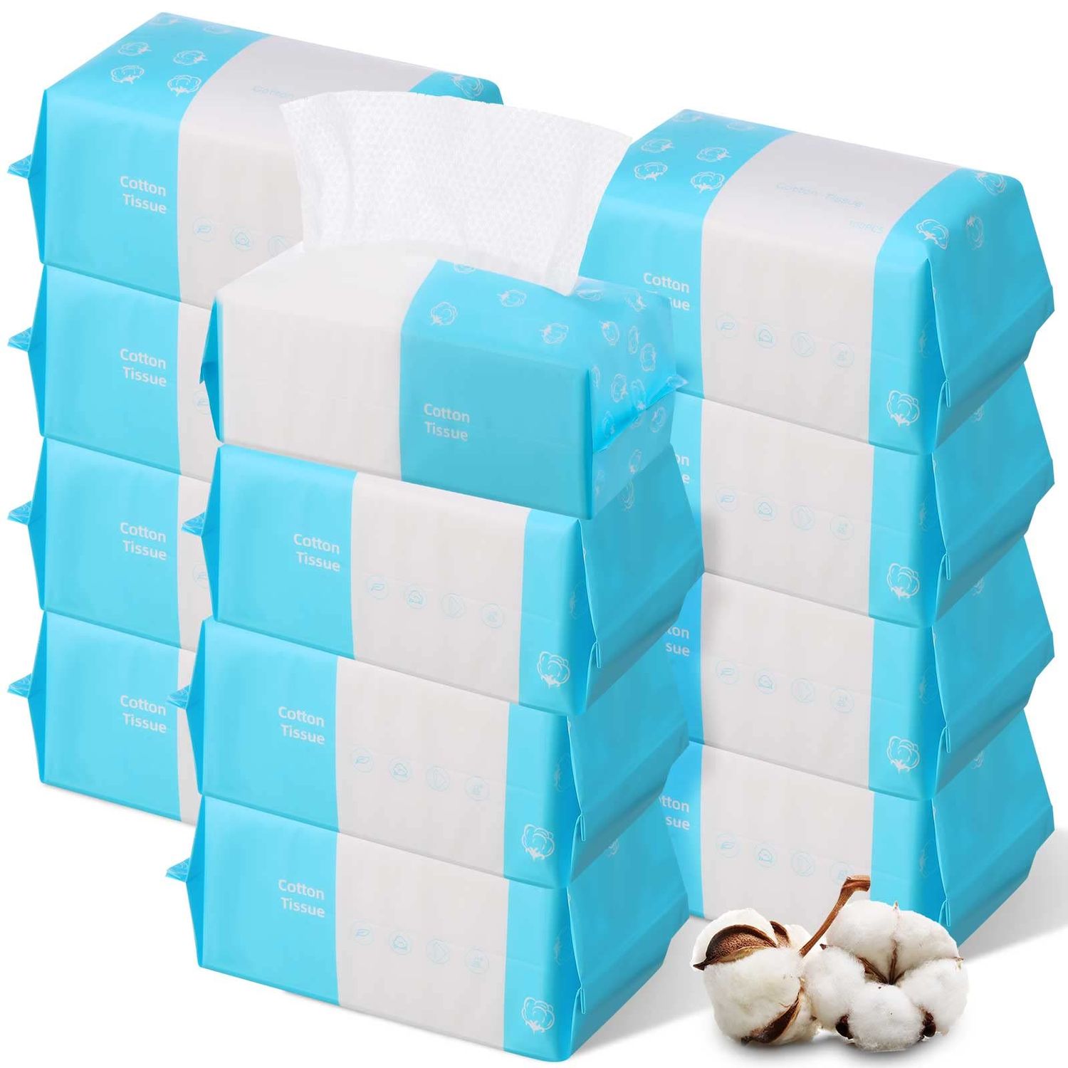 12 Pack 1200 Counts Disposable Towelettes for Face, Face Towel Bulk Cotton Face Tissues Soft Facial Tissue Dry Wet Use for Sensitive Skin Care, Makeup Removing, Surface Cleaning, 5.9 x 7.8 Inch