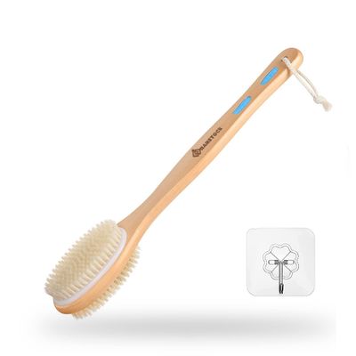 Hanstock Back Scrubber, 43cm Long Wooden Double-Sided Shower Body Brush with Soft and Stiff Bristles for Exfoliating Skin