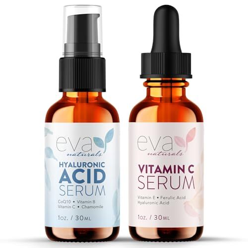 Eva Naturals Hydrate and Brighten Skincare Bundle - Includes Hyaluronic Acid Serum and 20% Vitamin C Serum - Restores Lost Moisture, Plumps Skin while Toning and Smoothing the Complexion