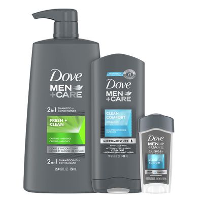 DOVE MEN + CARE Hair + Skin Care Regimen Personal Care for Men Clean Comfort + Fresh &amp; Clean Body Wash, 2-in-1 Shampoo and Conditioner, and Antiperspirant Clinical Deodorant