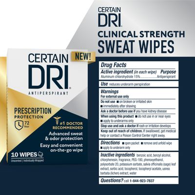 Certain Dri Antiperspirant Wipes for Excessive Sweating and Hyperhidrosis, Clinical Strength Protection Against Odor and Perspiration Lasting 72 Hours, Travel Friendly, Dermatologist Recommended, 10ct
